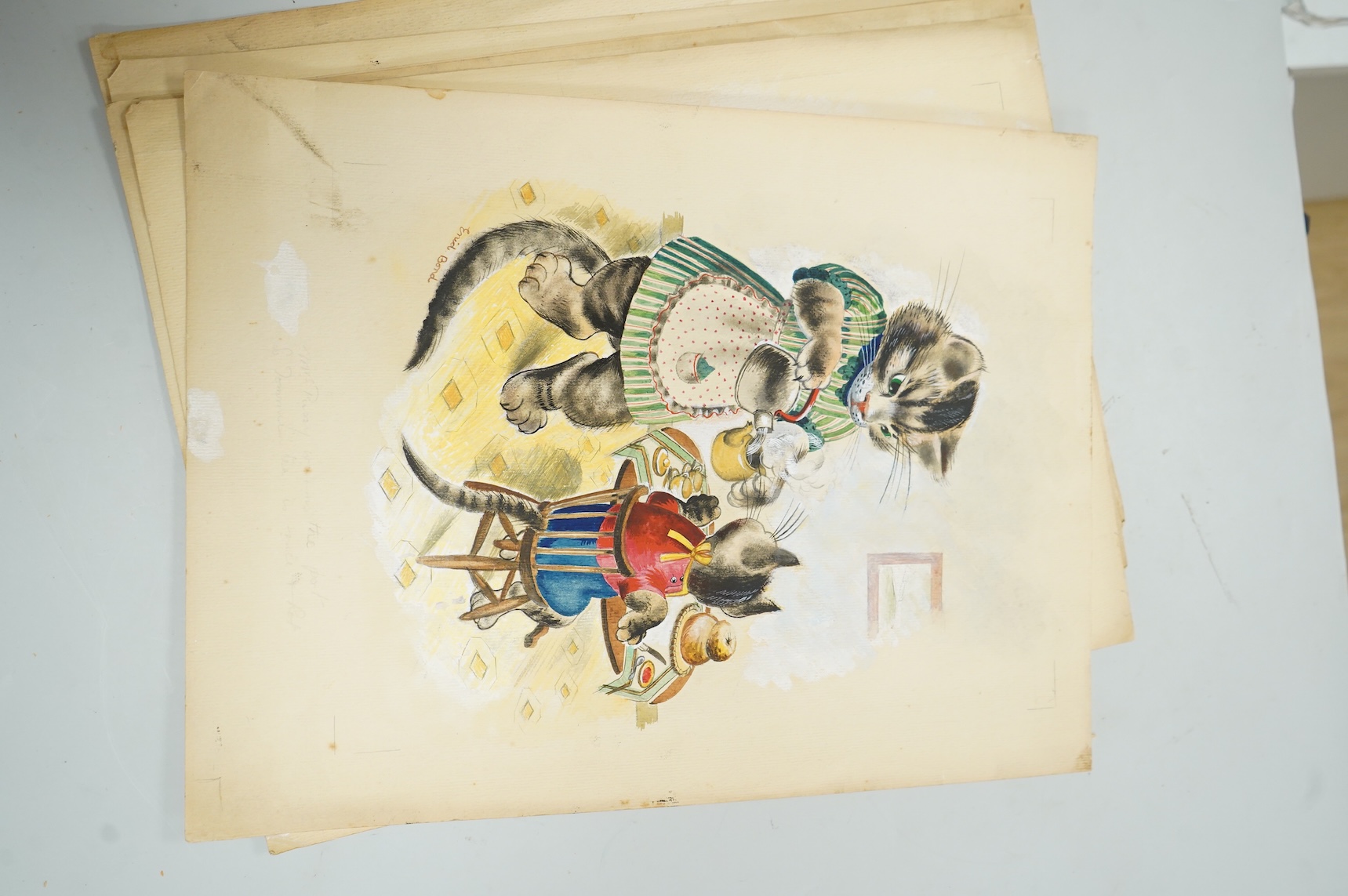 Enid Bond (20th. C), Set of six original watercolours for postcard designs, Humorous animals to include: cats, squirrels and badgers, each signed and inscribed in pencil, unframed, 36 x 27cm